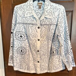 Choices 100% Cotton white shirt jacket black stitching silver sequins 1X EUC
